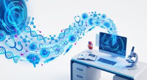 의료 정보의 흐름과 검증 과정을 나타내는 3D 의료 일러스트