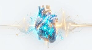 의학적 신뢰와 디지털 연결을 상징하는 추상적 3D 일러스트