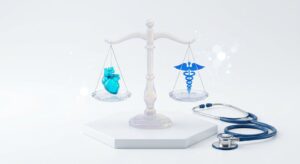 의학적 윤리와 신뢰를 상징하는 청진기와 투명한 저울 일러스트